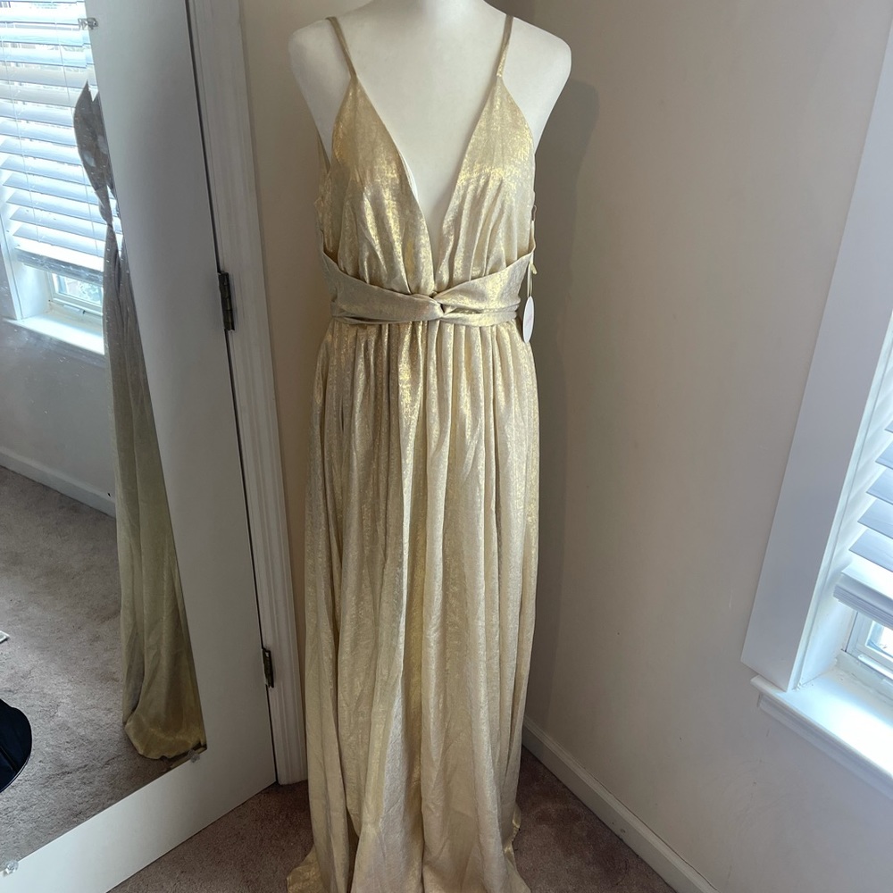 Ivory/gold deep V flowy dress